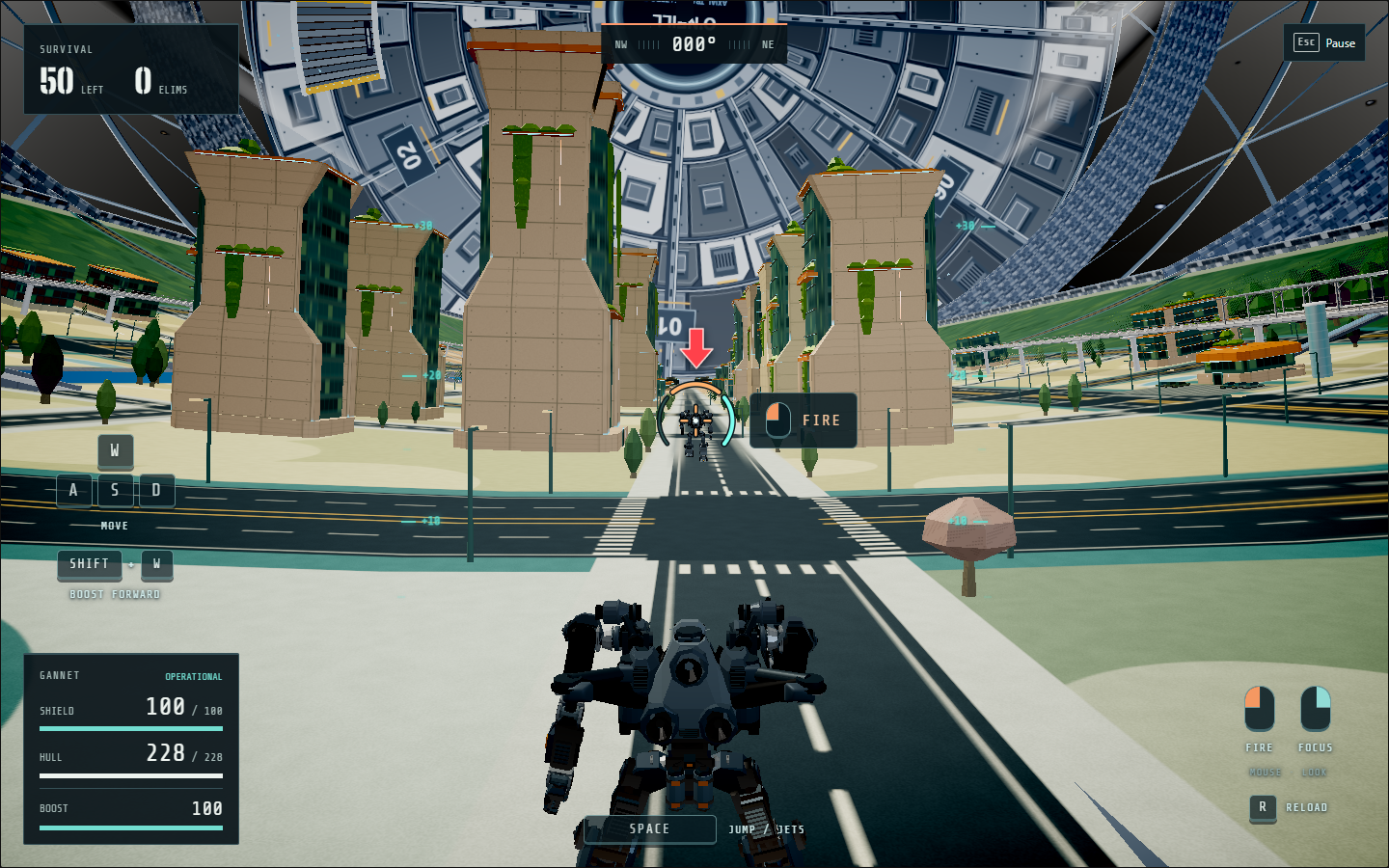 Third-person view of a Gannet mech aiming at an AI opponent between buildings inside Mecha War's curved space colony